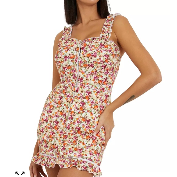 GUESS Floral Print Sangallo Carmen Mini Dress Eyelet Fabric Bustier-Style M - Picture 1 of 16